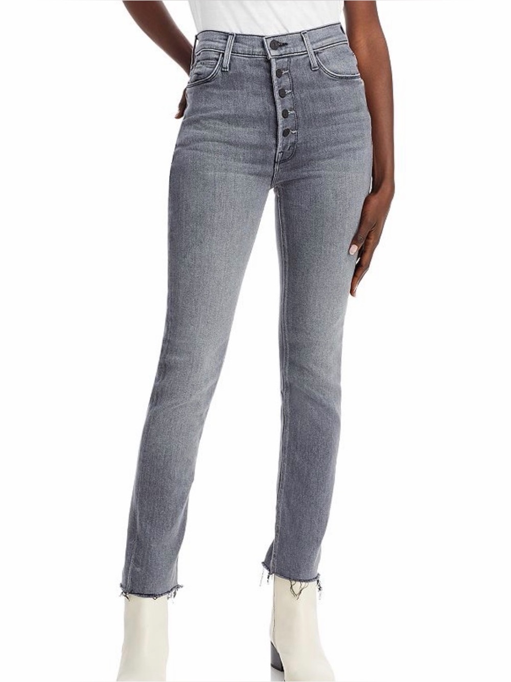 MOTHER Pixie Dazzler Ankle Fray Jeans 31 Digging Up Dirt Gray Button Fly Raw Hem